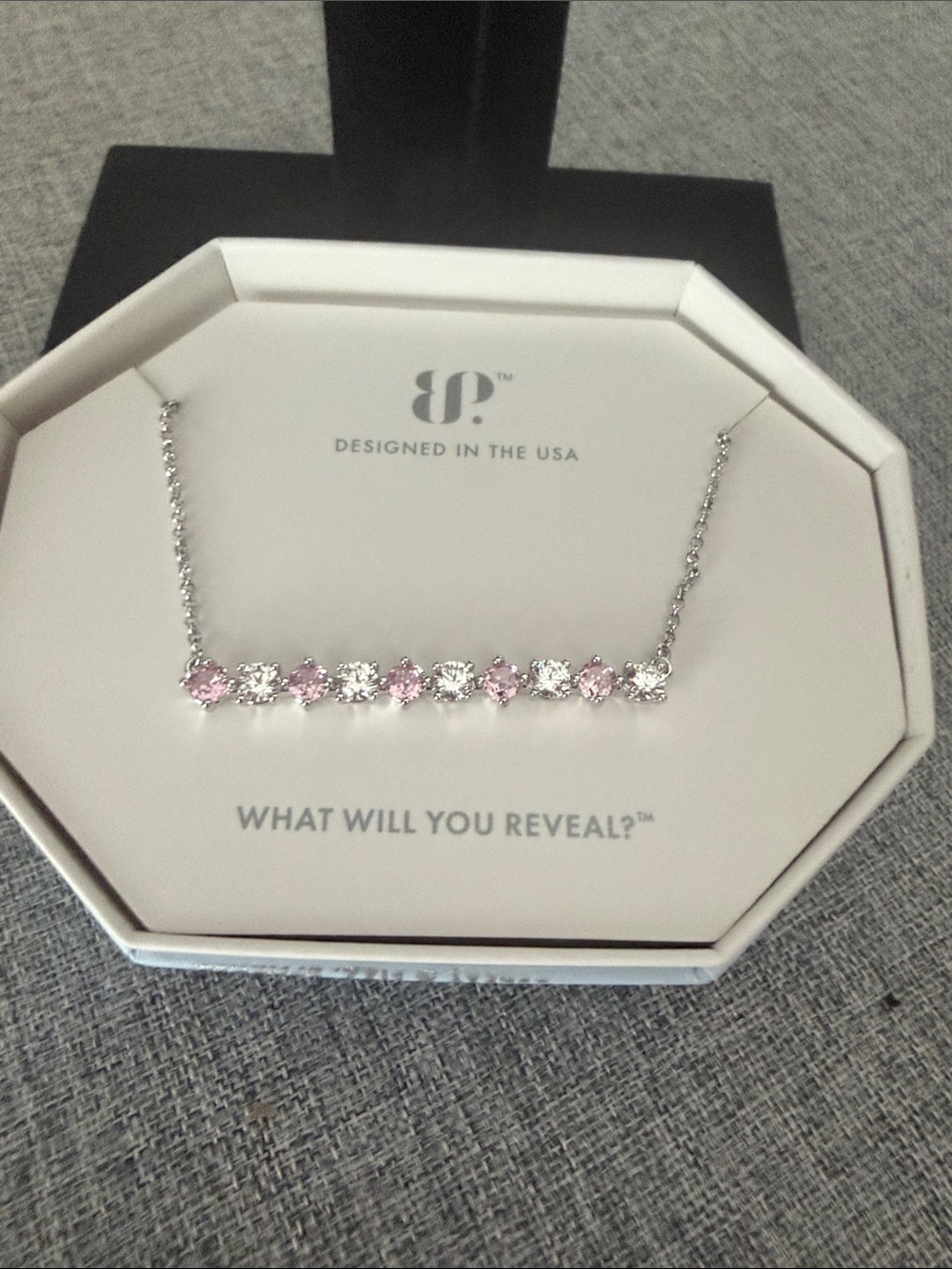 bp Pink and Clear Bar Necklace with Silver-Tone Chain
